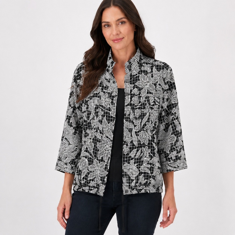 Christopher & Banks XL Black White Embroidered Floral Eyelet Drawstring Jacket